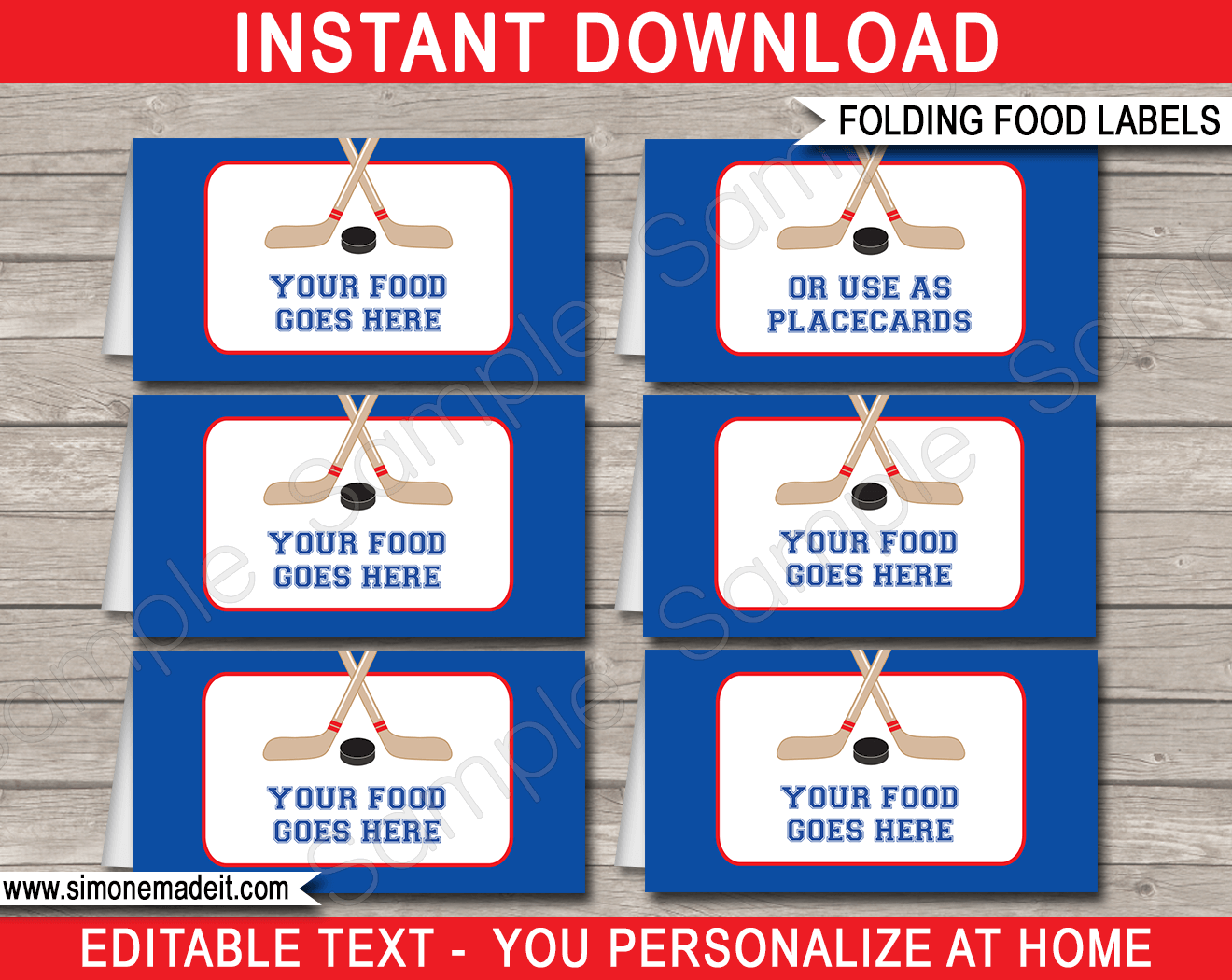 Printable Hockey Party Food Labels | Food Buffet Tags | Tent Cards | Place Cards | Hockey Theme Birthday Party Decorations | DIY Editable Template | Instant Download via simonemadeit.com