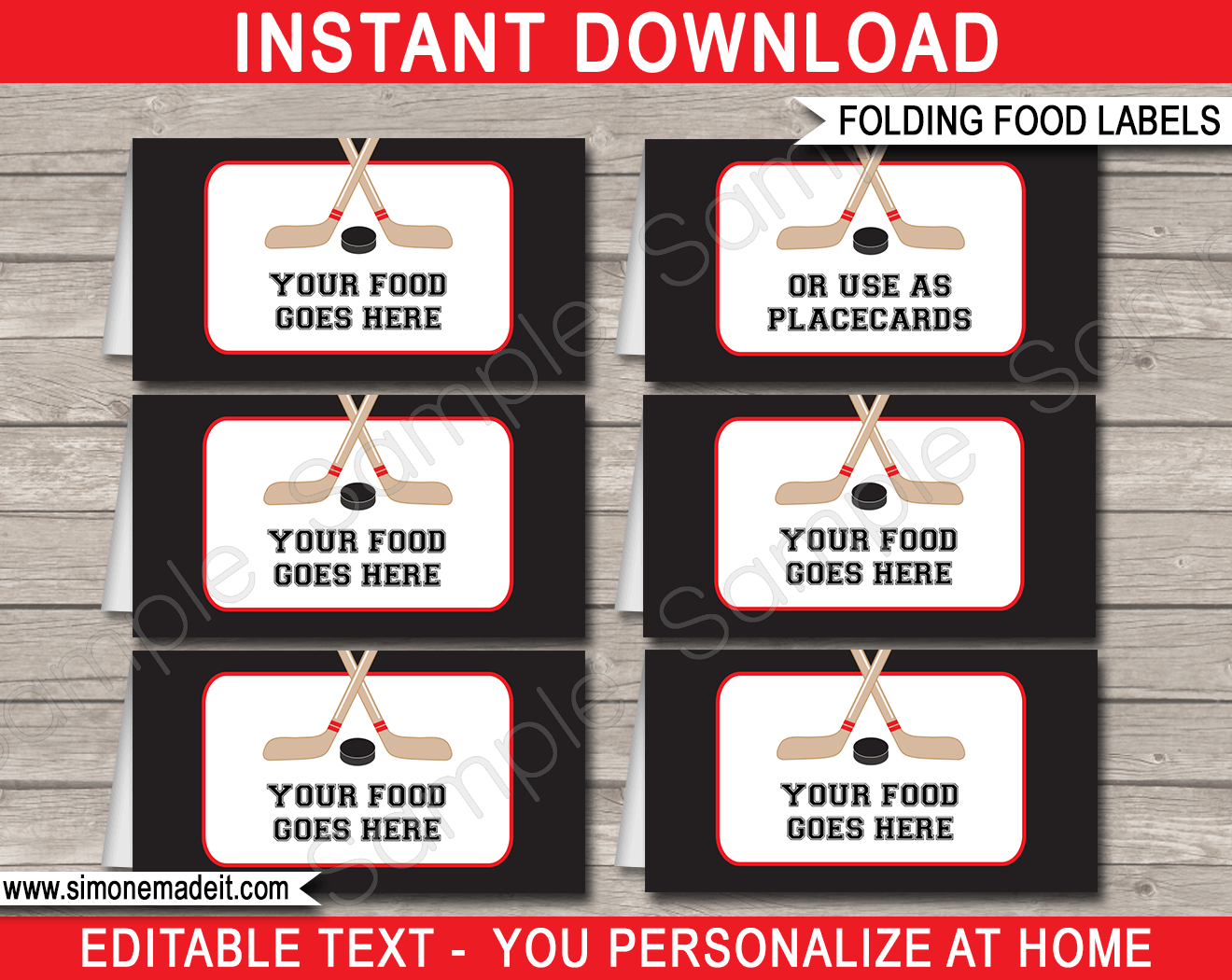 Printable Hockey Theme Food Labels | Food Buffet Tags | Tent Cards | Place Cards | Hockey Birthday Party Decorations | DIY Editable Template | Instant Download via simonemadeit.com