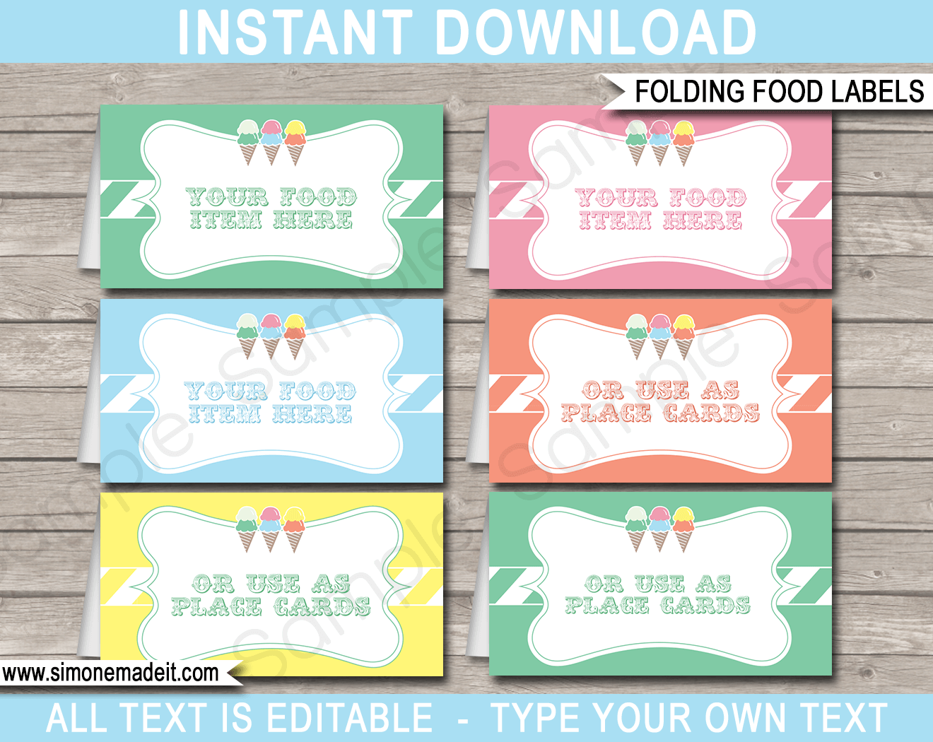 Printable Ice Cream Party Food Labels | Food Buffet Tags | Tent Cards | Place Cards | Ice Cream Theme Birthday Party Decorations | DIY Editable Template | Instant Download via simonemadeit.com