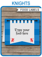 Printable Knight Party Food Labels | Food Buffet Tags | Tent Cards | Place Cards | Medieval Knight Theme Birthday Party Decorations | DIY Editable Template | Instant Download via simonemadeit.com