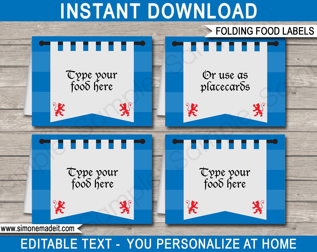 Printable Knight Party Food Labels | Food Buffet Tags | Tent Cards | Place Cards | Medieval Knight Theme Birthday Party Decorations | DIY Editable Template | Instant Download via simonemadeit.com