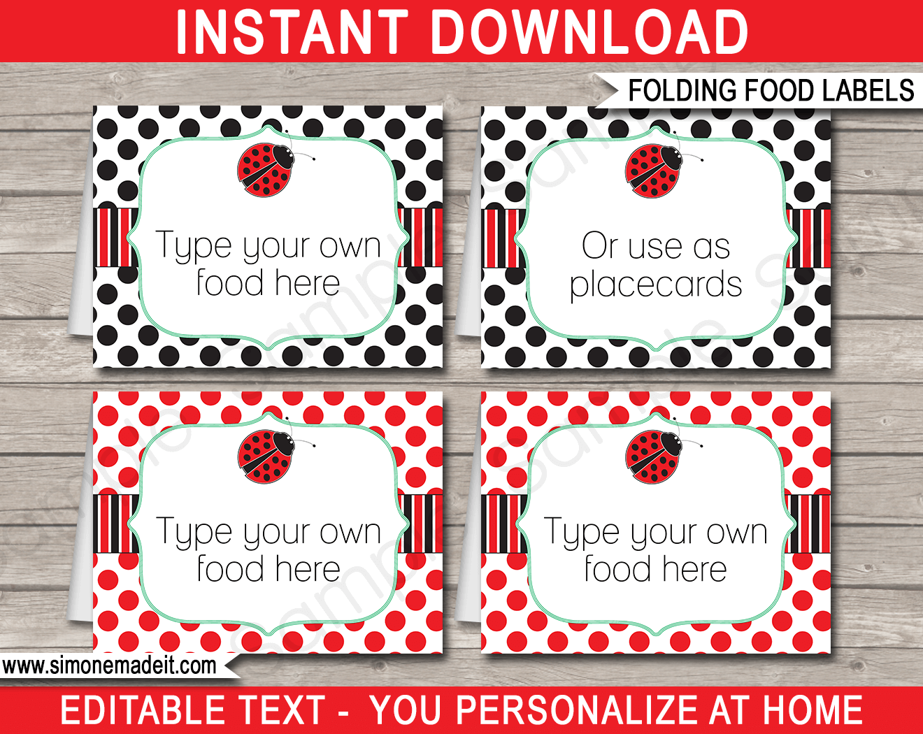 Printable Ladybug Party Food Labels | Food Buffet Tags | Tent Cards | Place Cards | Ladybird or Ladybug Theme Birthday Party Decorations | DIY Editable Template | Instant Download via simonemadeit.com