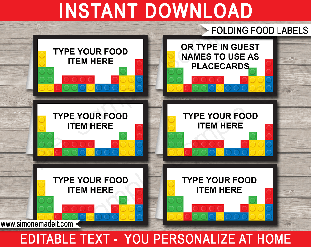 Printable Lego Party Food Labels | Food Buffet Tags | Tent Cards | Place Cards | Lego Theme Birthday Party Decorations | DIY Editable Template | Instant Download via simonemadeit.com