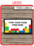 Printable Lego Party Food Labels | Food Buffet Tags | Tent Cards | Place Cards | Lego Theme Birthday Party Decorations | DIY Editable Template | Instant Download via simonemadeit.com