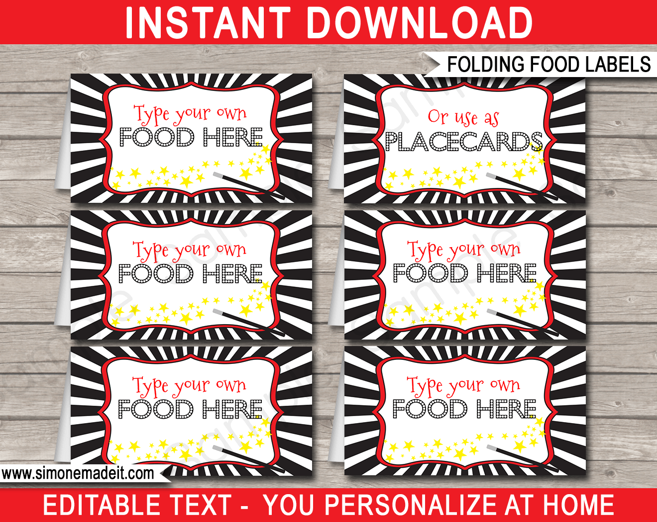 Printable Magic Party Food Labels | Food Buffet Tags | Tent Cards | Place Cards | Magic Theme Birthday Party Decorations | DIY Editable Template | Instant Download via simonemadeit.com