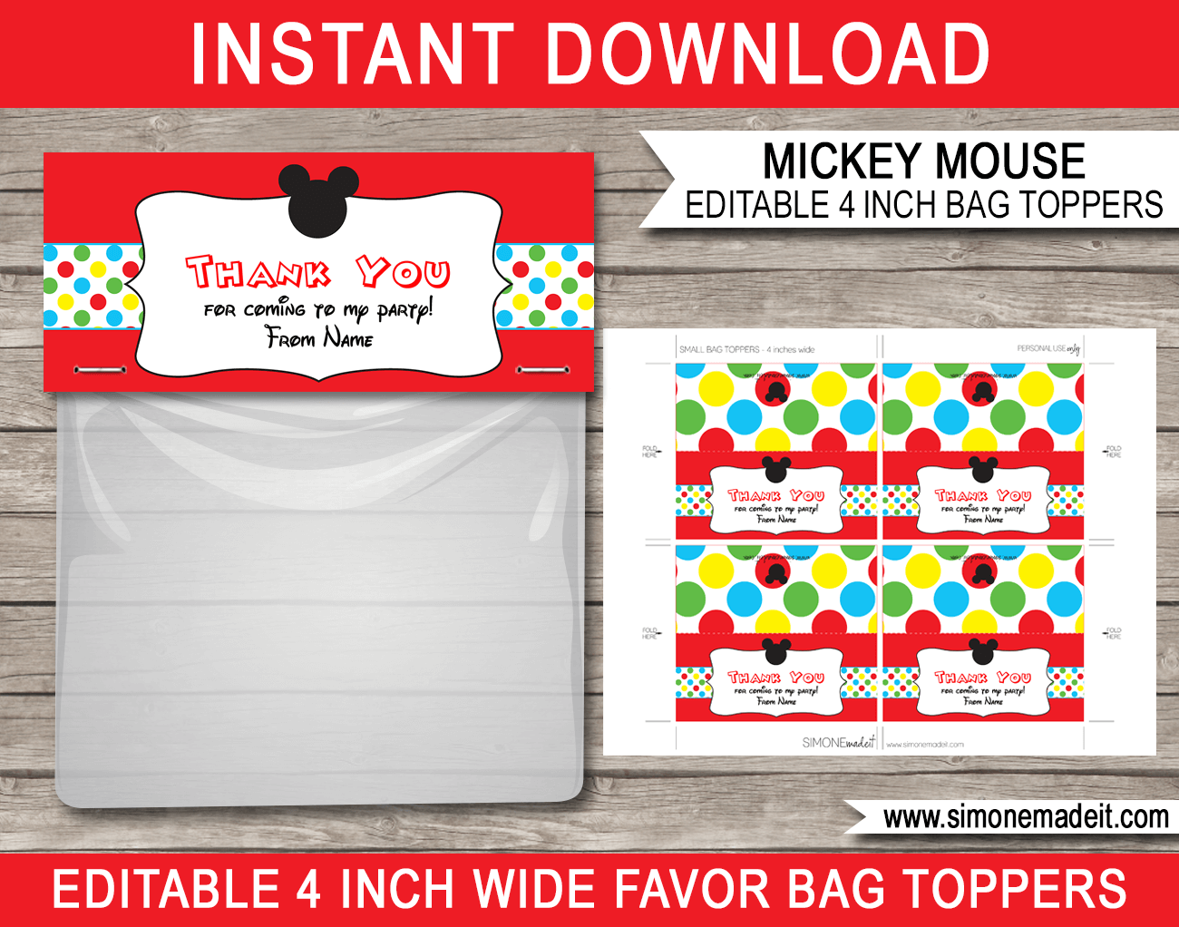 Editable Mickey Mouse Party Favor Bag Toppers | Mickey Mouse Theme Birthday Party | Printable DIY Template | INSTANT DOWNLOAD via SIMONEmadeit.com