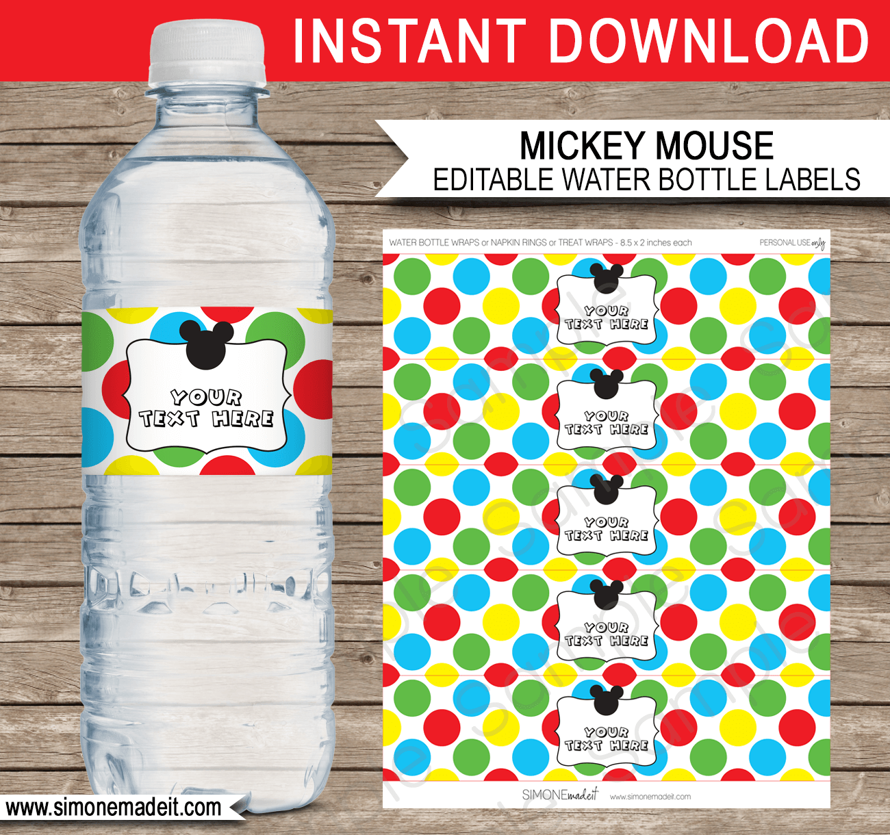 Mickey Mouse Party Water Bottle Labels | Mickey Mouse Birthday Theme | Napkin Wraps | Treat Wraps | DIY Editable Template | INSTANT DOWNLOAD via simonemadeit.com