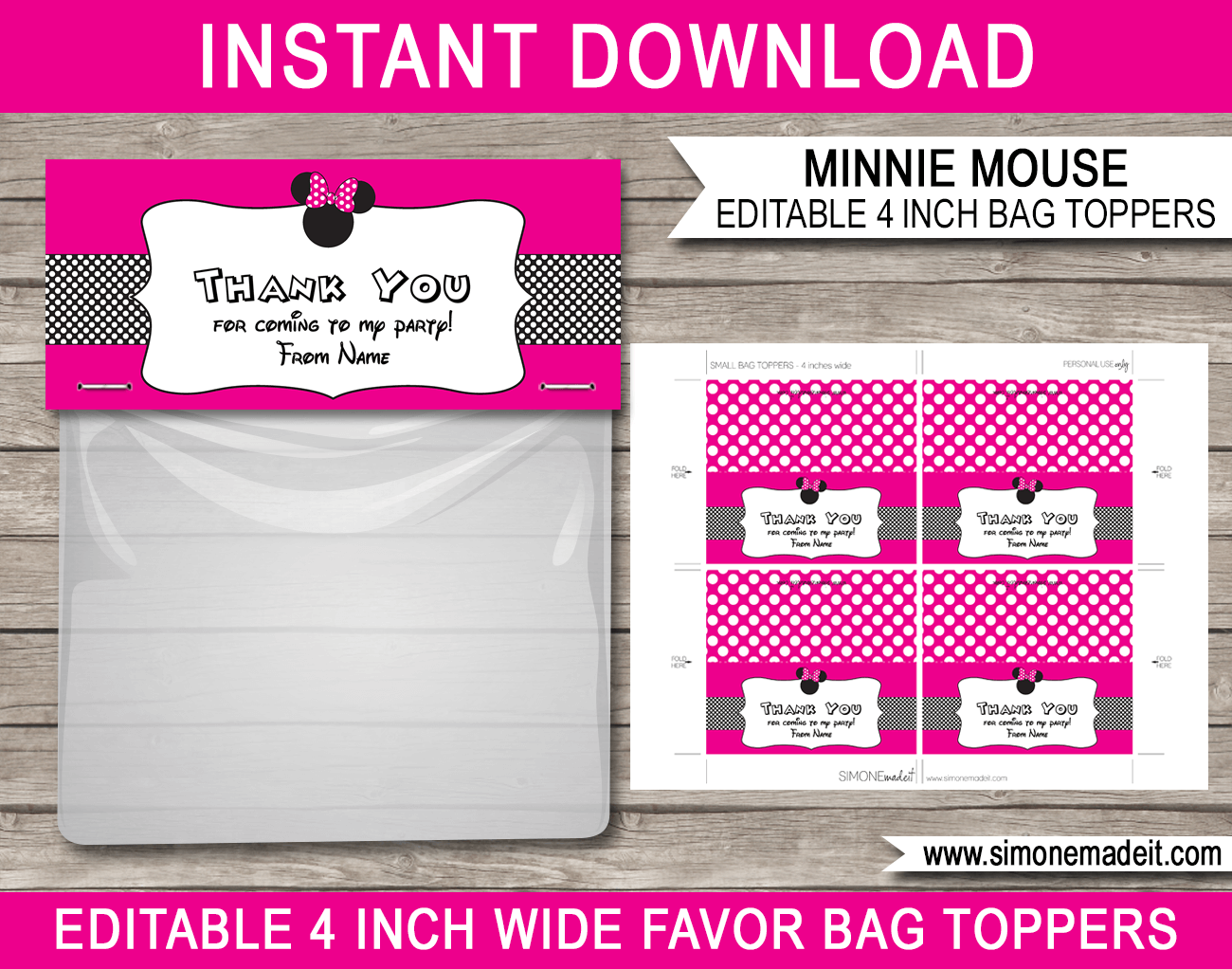 Editable Minnie Mouse Party Favor Bag Toppers | Minnie Mouse Theme Birthday Party | Printable DIY Template | INSTANT DOWNLOAD via SIMONEmadeit.com
