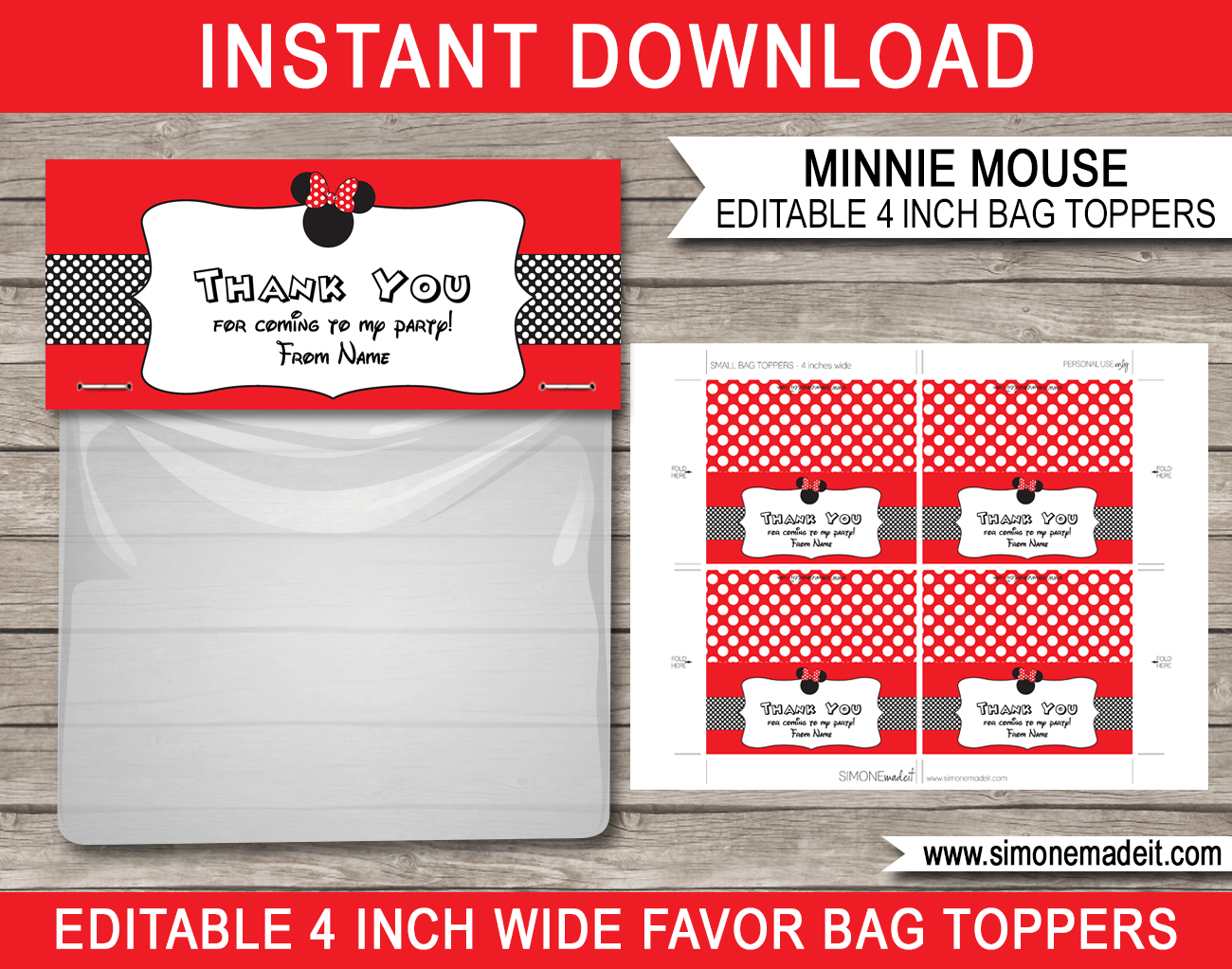 Editable Red Minnie Mouse Theme Favor Bag Toppers | Minnie Mouse Birthday Party | Printable DIY Template | INSTANT DOWNLOAD via SIMONEmadeit.com