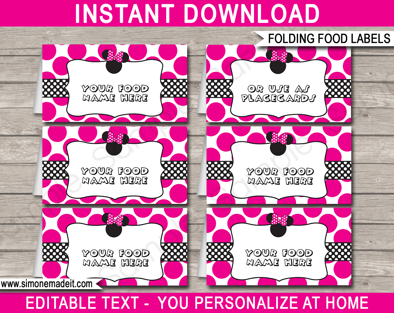 Minnie Mouse Party Food Labels | Food Buffet Tags | Place Cards | Minnie Mouse Theme Birthday Party | Editable DIY Template | Instant Download via SIMONEmadeit.com