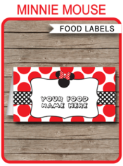 Red Minnie Mouse Theme Food Labels | Food Buffet Tags | Place Cards | Minnie Mouse Birthday Party | Editable DIY Template | Instant Download via SIMONEmadeit.com