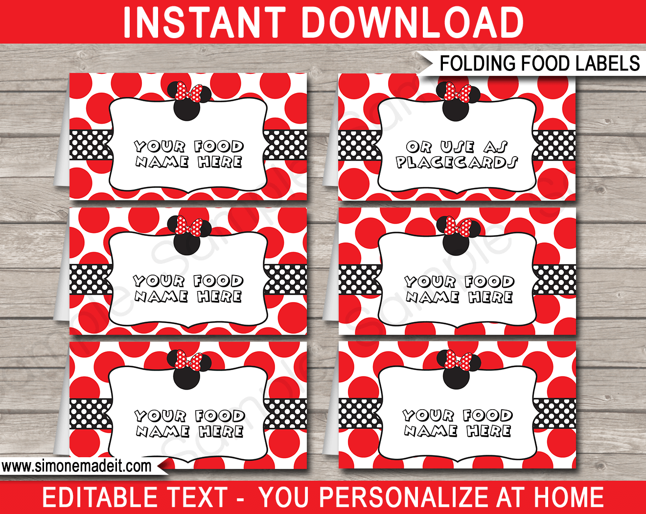 Minnie Mouse Theme Food Labels Place Cards Minnie Mouse Party