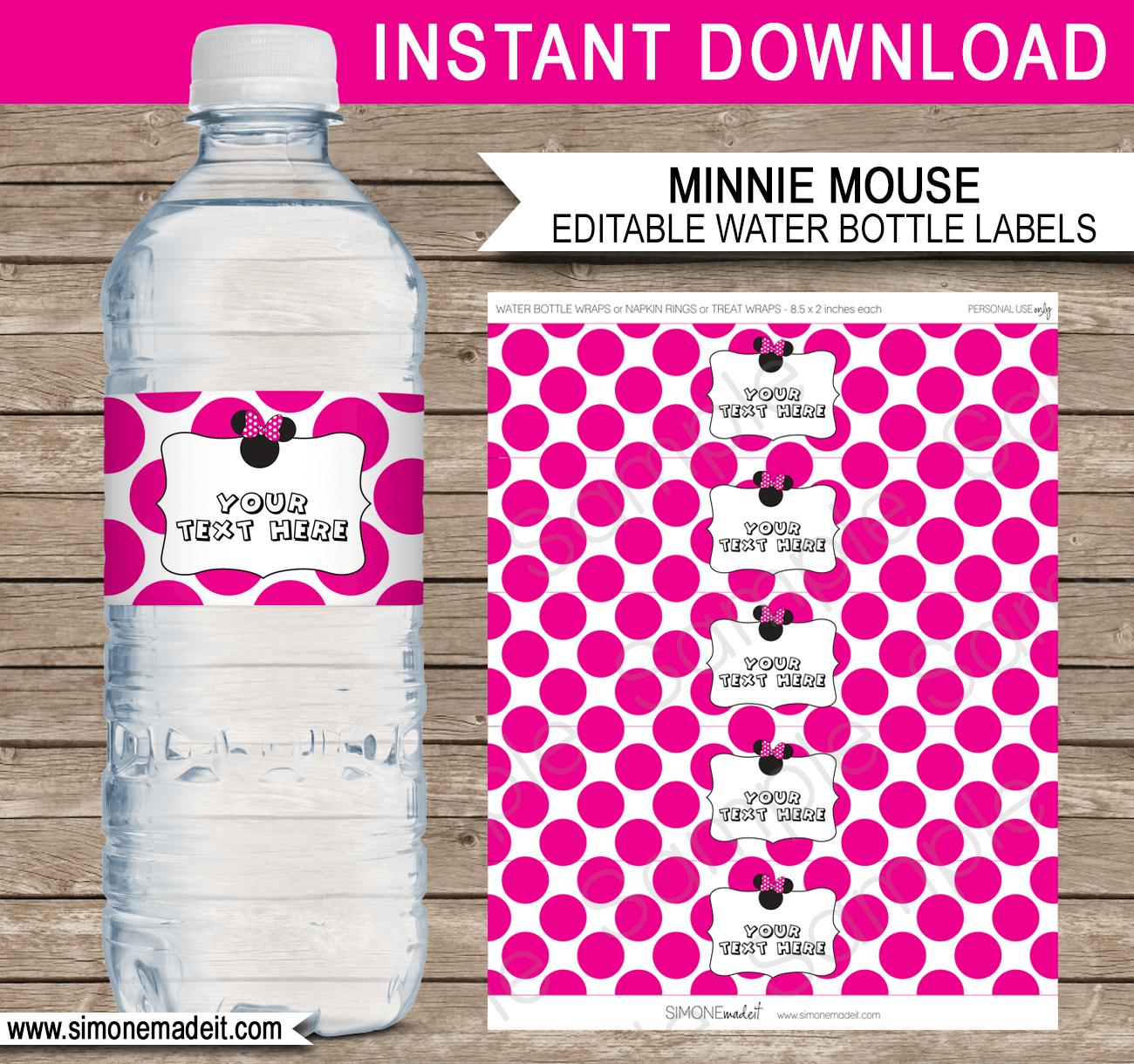 Minnie Mouse Party Water Bottle Labels | Minnie Mouse Birthday Theme | Napkin Wraps | Treat Wraps | DIY Editable Template | INSTANT DOWNLOAD via simonemadeit.com