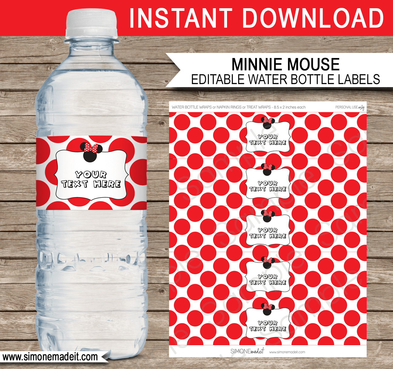 Minnie Mouse Theme Water Bottle Labels | Minnie Mouse Birthday Party | Napkin Wraps | Treat Wraps | DIY Editable Template | INSTANT DOWNLOAD via simonemadeit.com