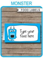 Printable Monster Party Food Labels | Food Buffet Tags | Tent Cards | Place Cards | Monster Theme Birthday Party Decorations | DIY Editable Template | Instant Download via simonemadeit.com