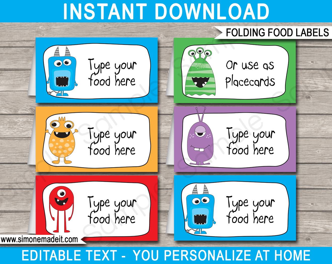 Printable Monster Party Food Labels | Food Buffet Tags | Tent Cards | Place Cards | Monster Theme Birthday Party Decorations | DIY Editable Template | Instant Download via simonemadeit.com