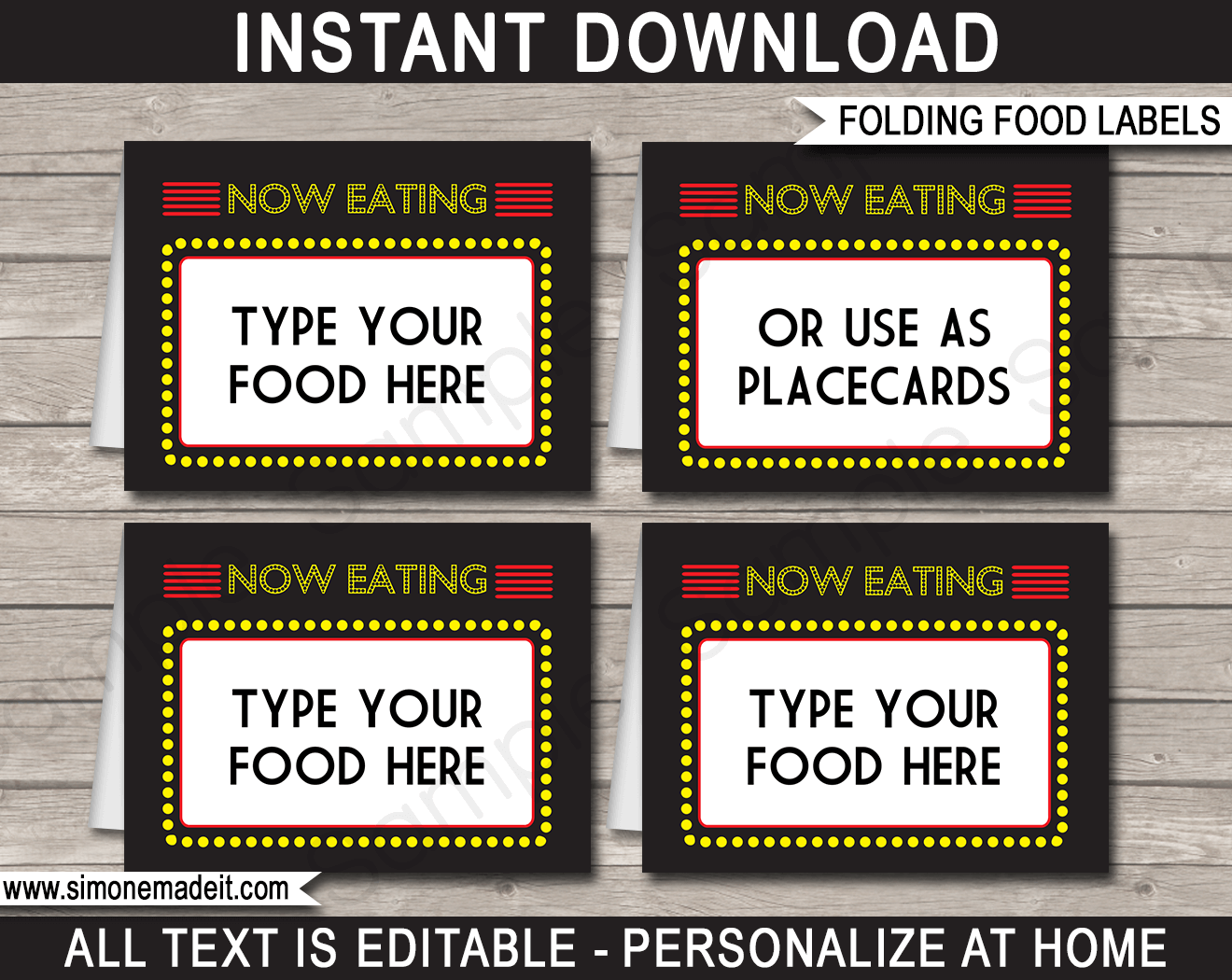 Printable Movie Party Food Labels | Food Buffet Tags | Tent Cards | Place Cards | Movie Night Theme Birthday Party Decorations | DIY Editable Template | Instant Download via simonemadeit.com