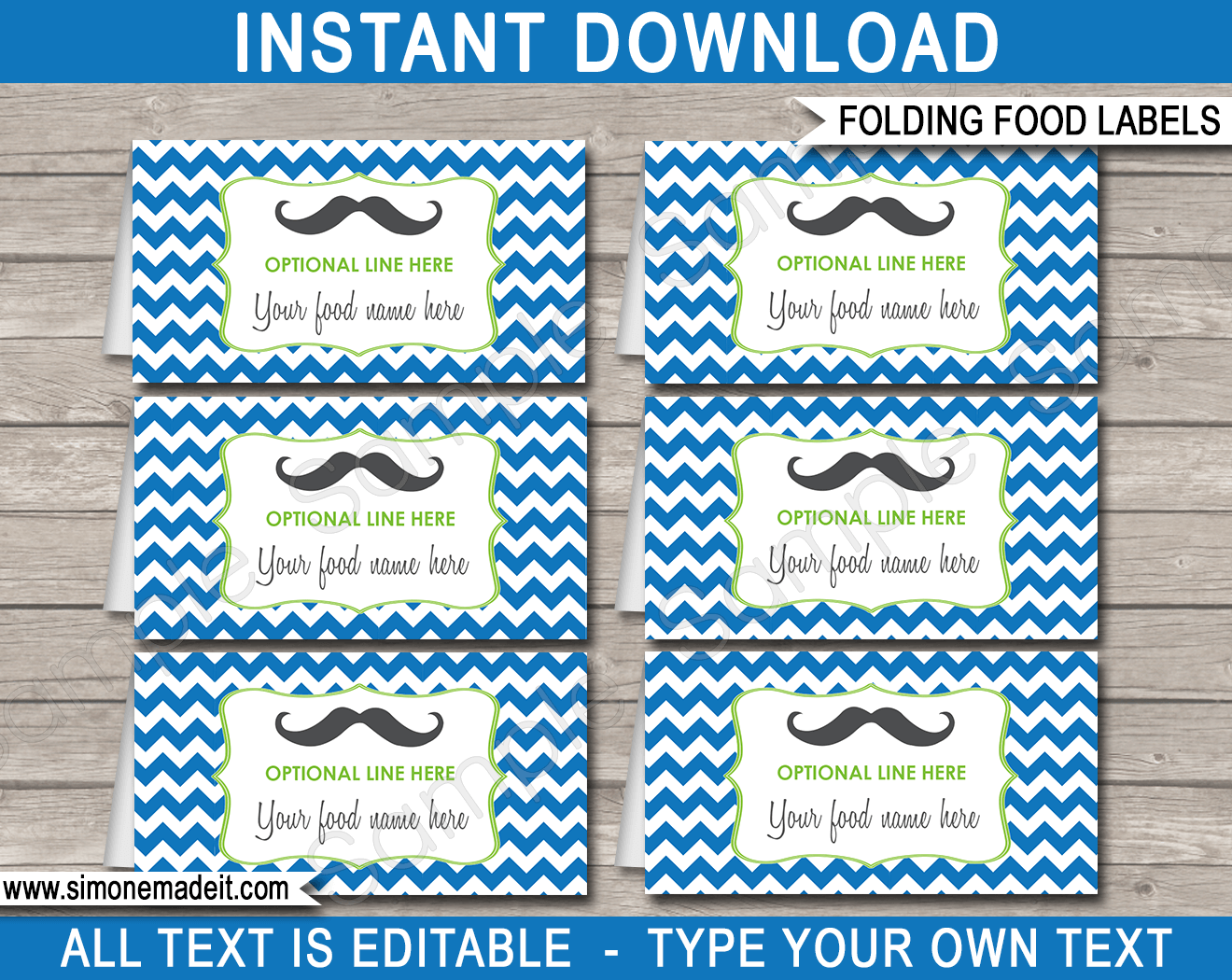 Printable Little Man or Mustache Party Food Labels | Food Buffet Tags | Tent Cards | Place Cards | Mustache Theme Birthday Party Decorations | DIY Editable Template | Instant Download via simonemadeit.com