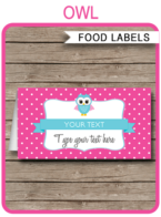 Printable Owl Party Food Labels | Food Buffet Tags | Tent Cards | Place Cards | Pink Owl Theme Birthday Party Decorations | DIY Editable Template | Instant Download via simonemadeit.com