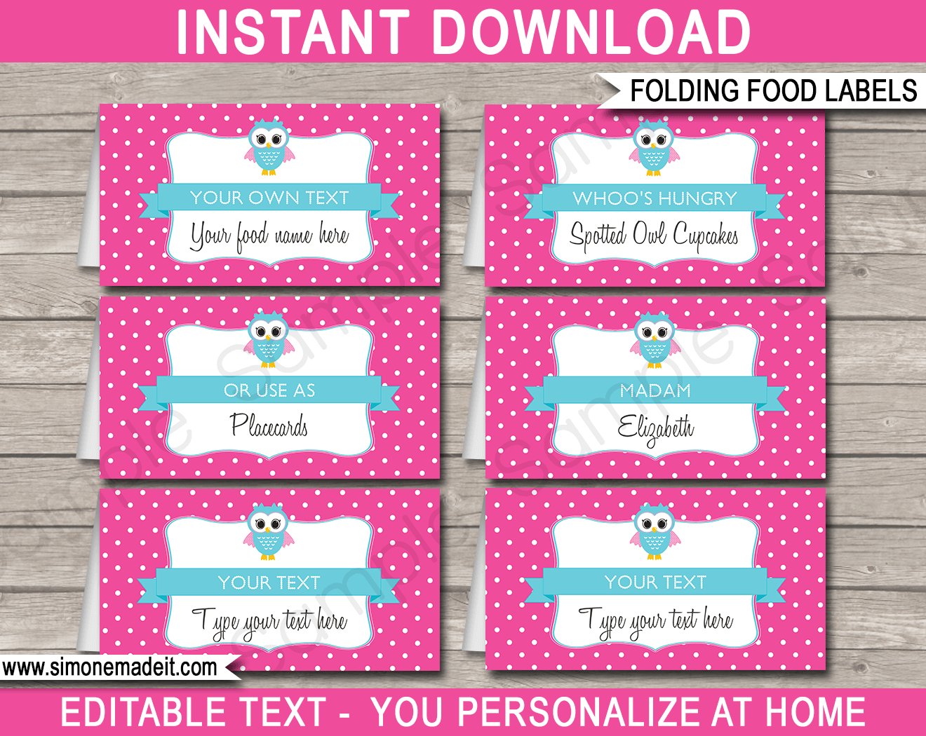 Printable Pink Owl Party Food Labels | Food Buffet Tags | Tent Cards | Place Cards | Pink Owl Theme Birthday Party Decorations | DIY Editable Template | Instant Download via simonemadeit.com