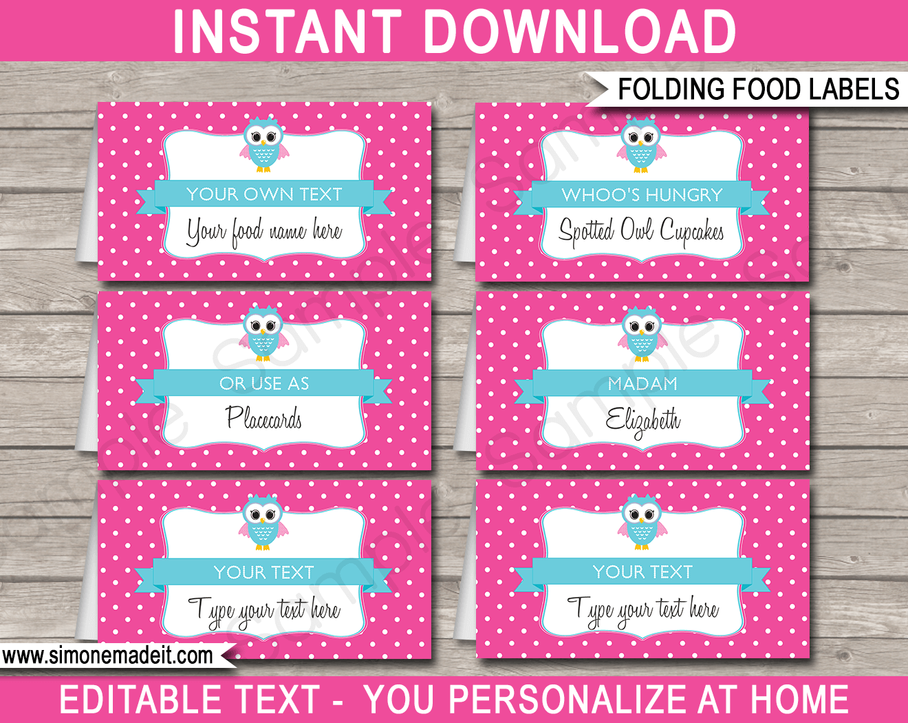 Pink Owl Party Food Labels Place Cards Owl Theme Birthday Party