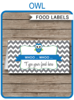 Printable Owl Theme Food Labels | Food Buffet Tags | Tent Cards | Place Cards | Boys Owl Theme Birthday Party Decorations | DIY Editable Template | Instant Download via simonemadeit.com