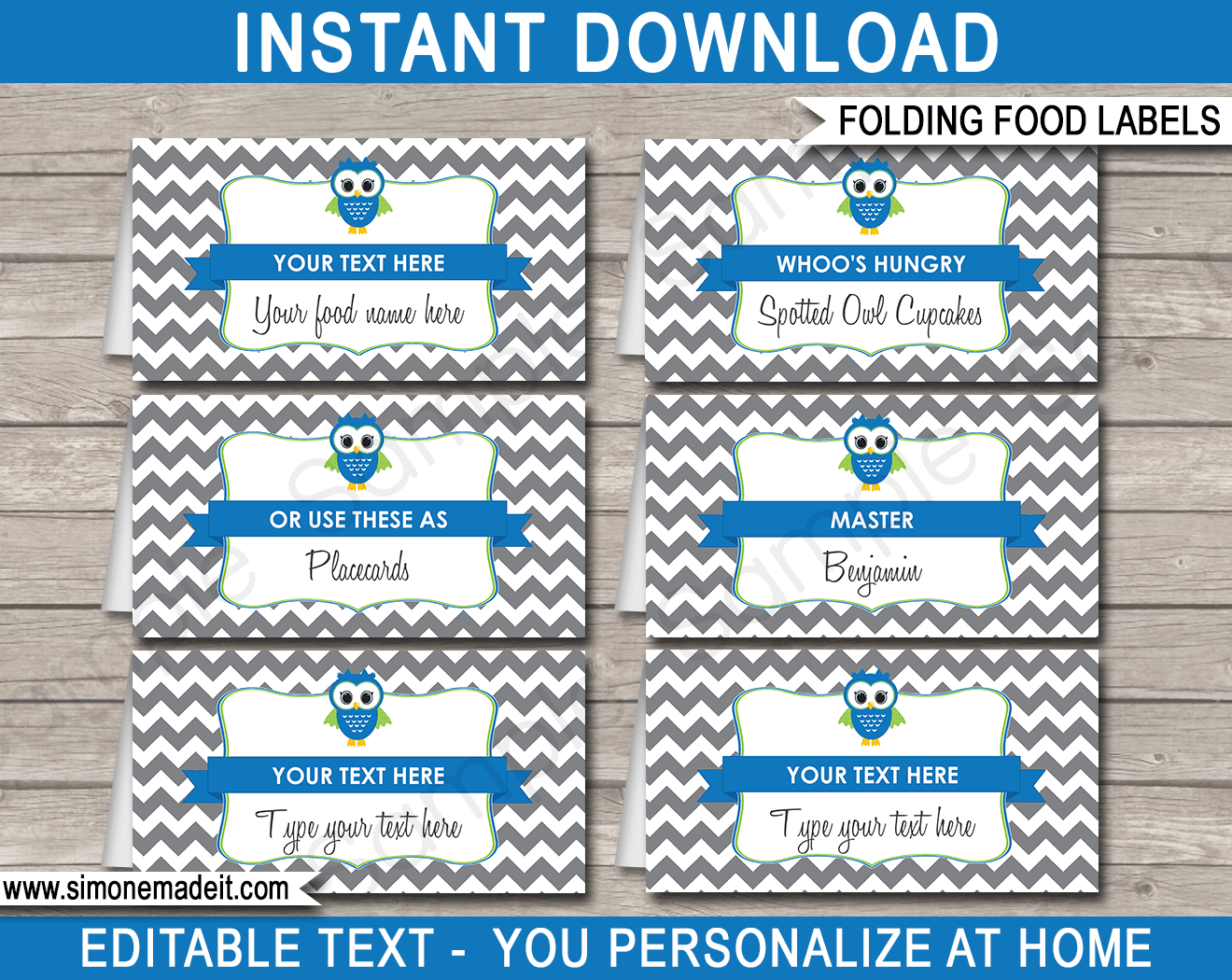 Printable Owl Theme Food Labels | Food Buffet Tags | Tent Cards | Place Cards | Boys Owl Theme Birthday Party Decorations | DIY Editable Template | Instant Download via simonemadeit.com
