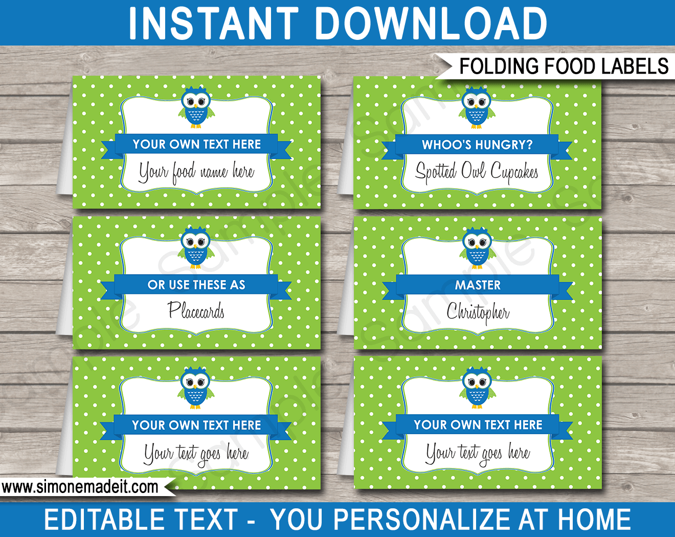 Printable Owl Birthday Party Food Labels | Food Buffet Tags | Tent Cards | Place Cards | Boys Owl Theme Decorations | DIY Editable Template | Instant Download via simonemadeit.com