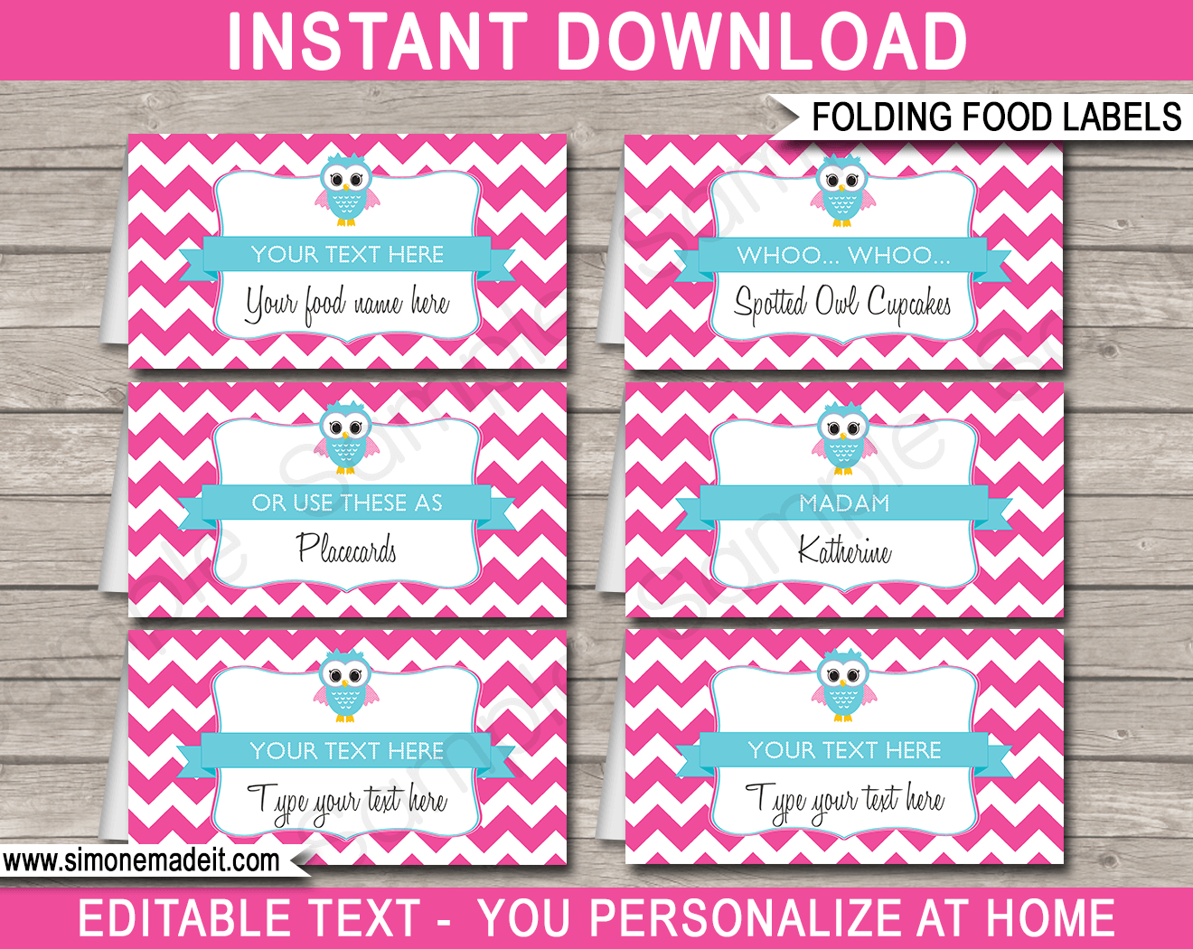 Printable Owl Food Labels | Food Buffet Tags | Tent Cards | Place Cards | Pink Owl Theme Birthday Party Decorations | DIY Editable Template | Instant Download via simonemadeit.com