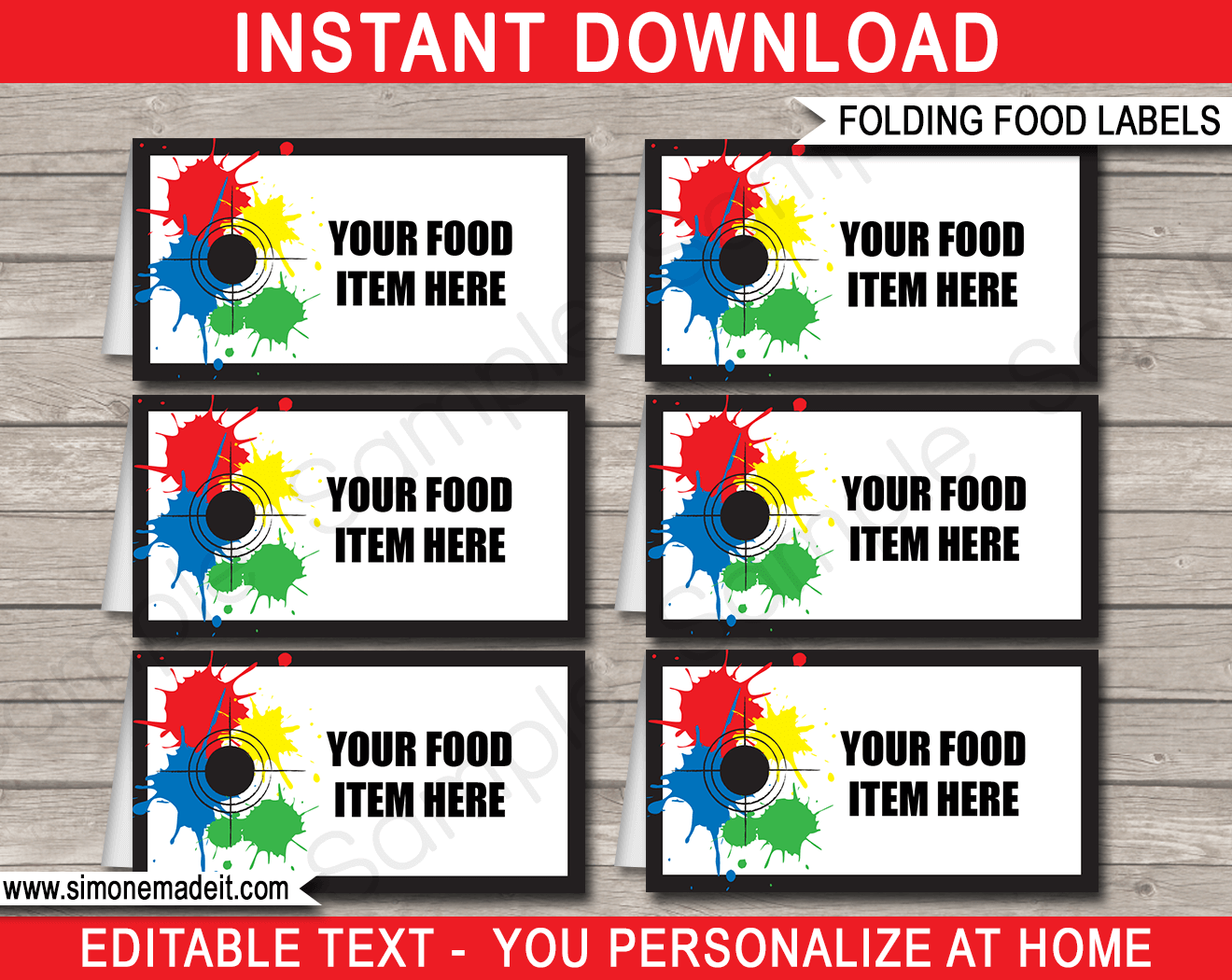 Printable Paintball Party Food Labels | Food Buffet Tags | Tent Cards | Place Cards | Paintball Theme Birthday Party Decorations | DIY Editable Template | Instant Download via simonemadeit.com