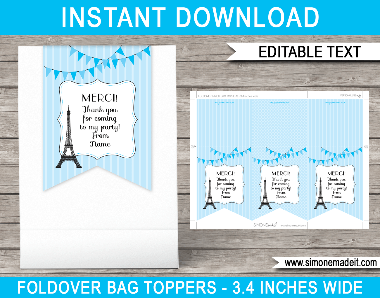 Blue Paris Theme Favor Tag Toppers Template | Paris Birthday Party | Thank You Tags | DIY Editable & Printable Template | Instant Download via simonemadeit.com