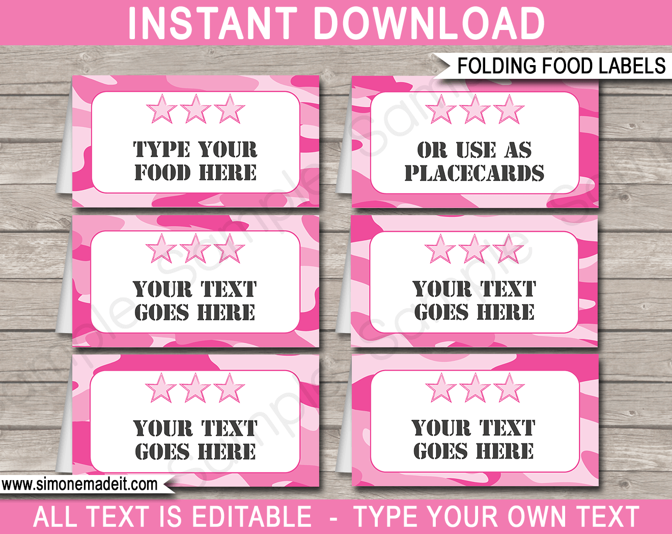 Printable Pink Camo Food Labels | Food Buffet Tags | Tent Cards | Place Cards | Army Theme Birthday Party Decorations | DIY Editable Template | Instant Download via simonemadeit.com