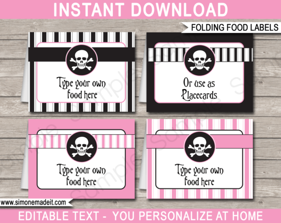 Printable Pirate Party Food Labels | Place Cards | Girl Pirate Theme Party