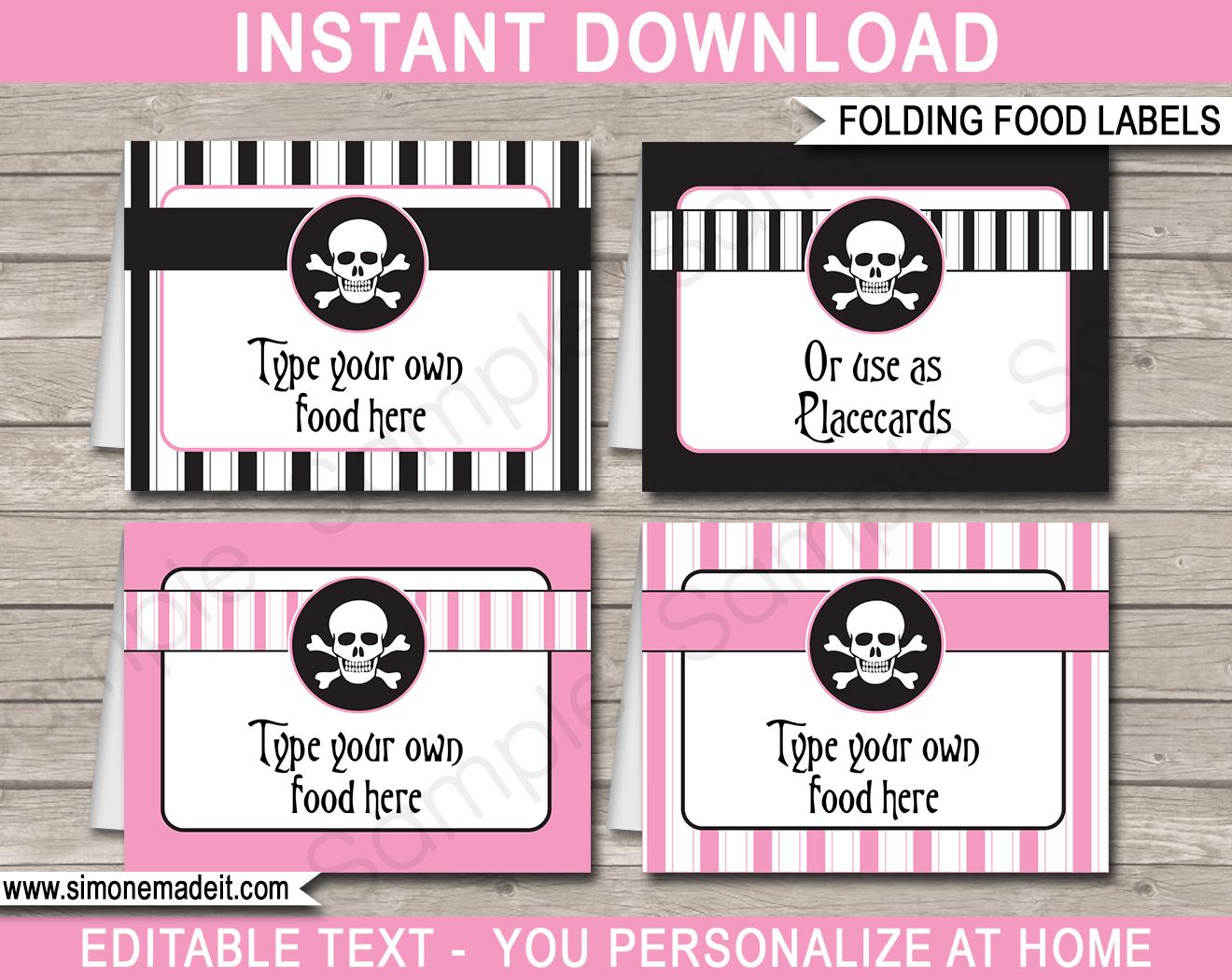 Printable Pink Pirate Party Food Labels | Food Buffet Tags | Tent Cards | Place Cards | Girl Pirate Birthday Party Decorations | DIY Editable Template | Instant Download via simonemadeit.com