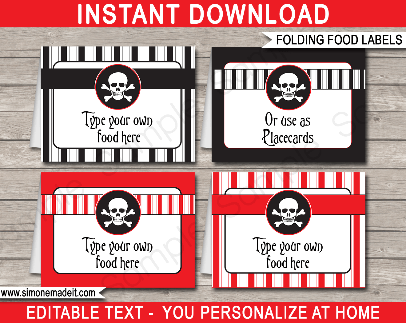 Printable Pirate Food Labels | Food Buffet Tags | Tent Cards | Place Cards | Pirate Theme Birthday Party Decorations | DIY Editable Template | Instant Download via simonemadeit.com