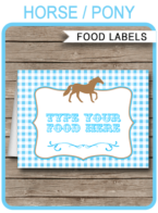 Blue Horse Theme Food Labels | Food Buffet Tags | Tent Cards | Place Cards | Pony or Horse Birthday Party | Editable & Printable DIY Template | Instant Download via SIMONEmadeit.com