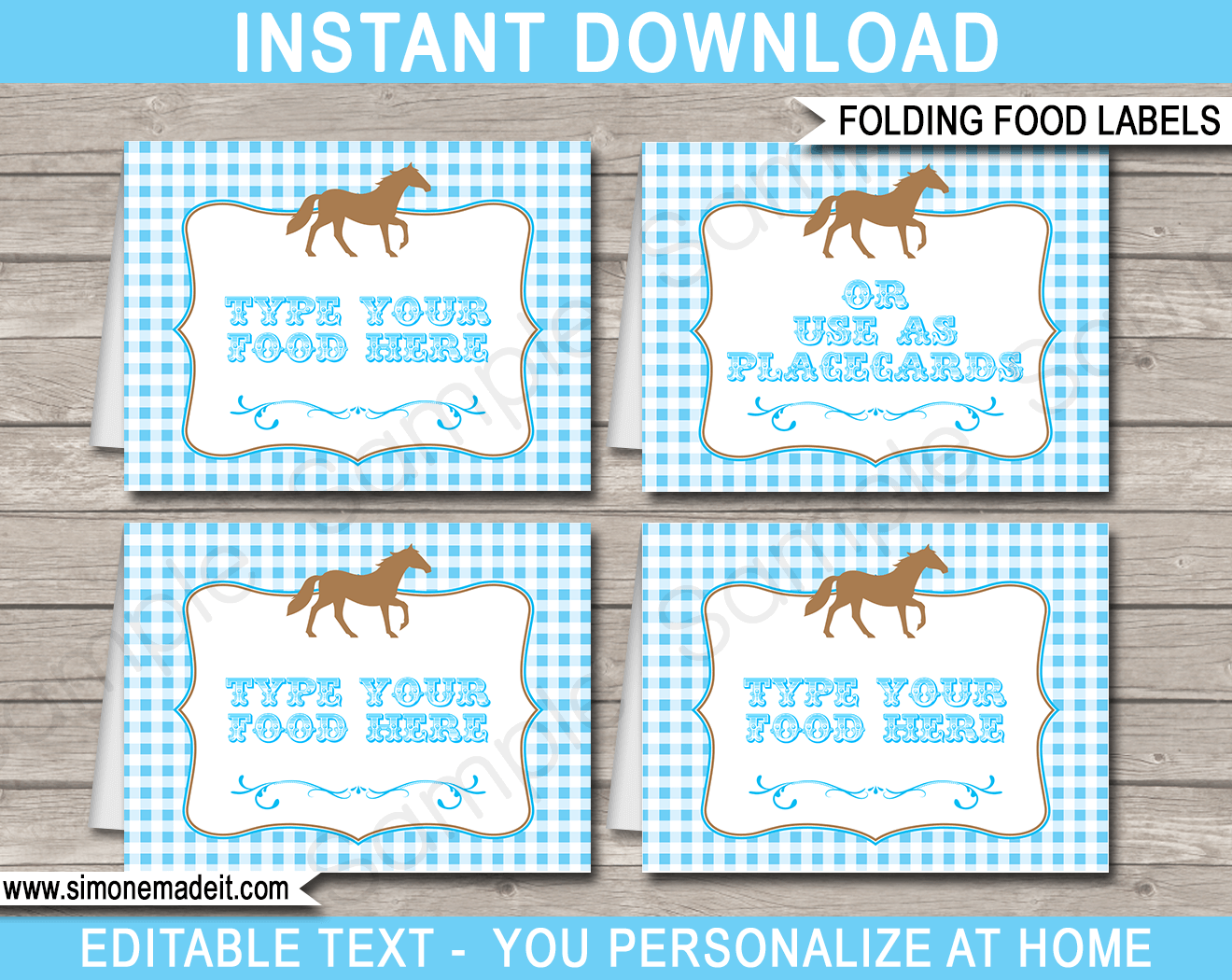 Blue Horse Theme Food Labels | Food Buffet Tags | Tent Cards | Place Cards | Pony or Horse Birthday Party | Editable & Printable DIY Template | Instant Download via SIMONEmadeit.com