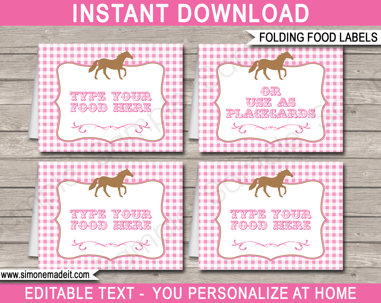 Horse Party Food Labels | Food Buffet Tags | Place Cards | Pony or Horse Theme Birthday Party | Editable & Printable DIY Template | Instant Download via SIMONEmadeit.com