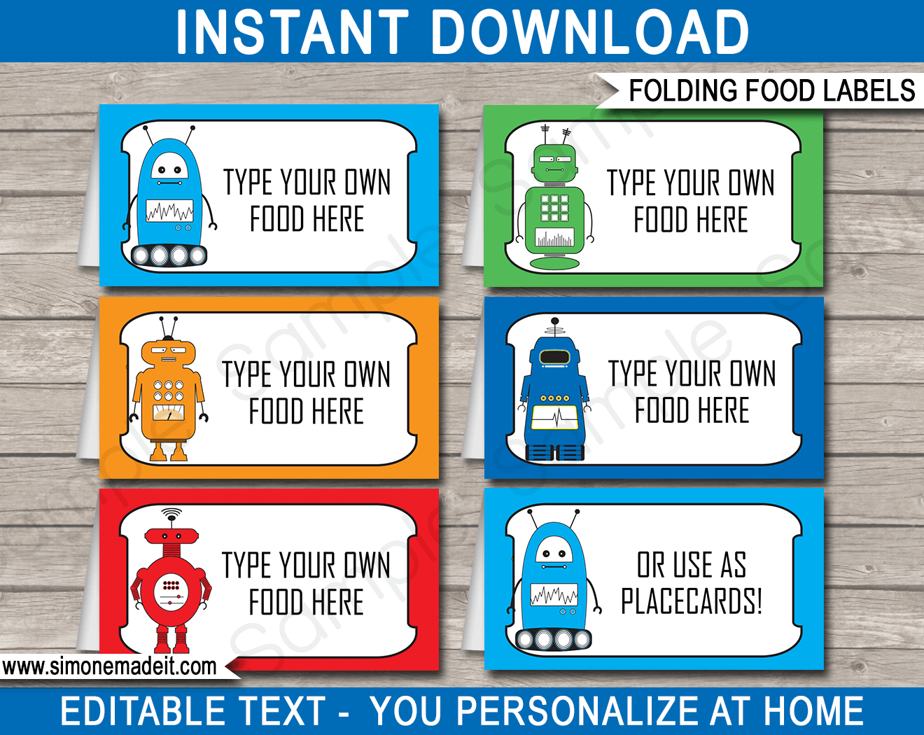 Robot Party Food Labels | Food Buffet Tags | Place Cards | Robot Theme Birthday Party | Editable DIY Template | Instant Download via SIMONEmadeit.com