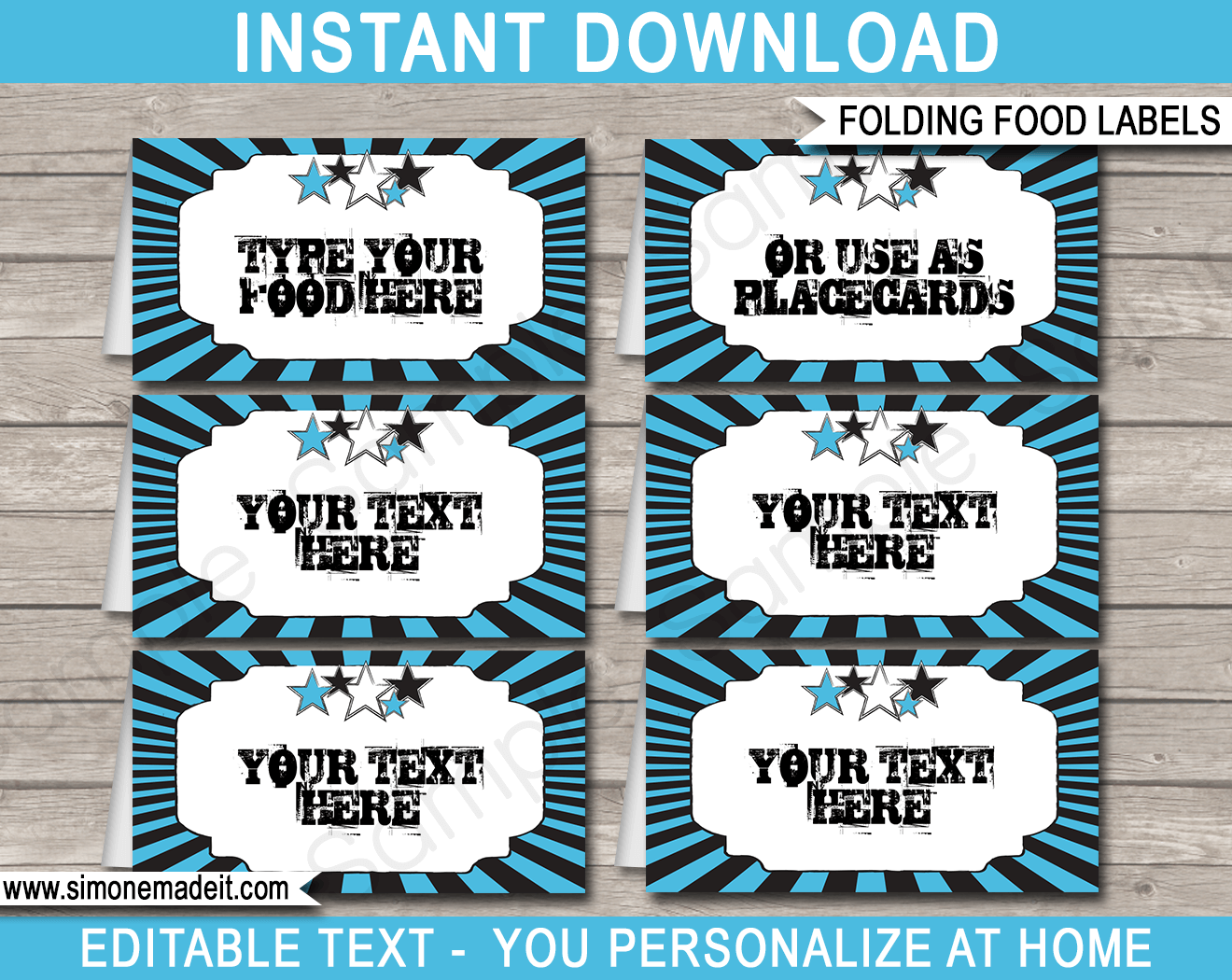 Boy Rockstar Birthday Food Labels | Food Buffet Tags | Place Cards | Rock Star Theme Party | Editable DIY Template | Instant Download via SIMONEmadeit.com