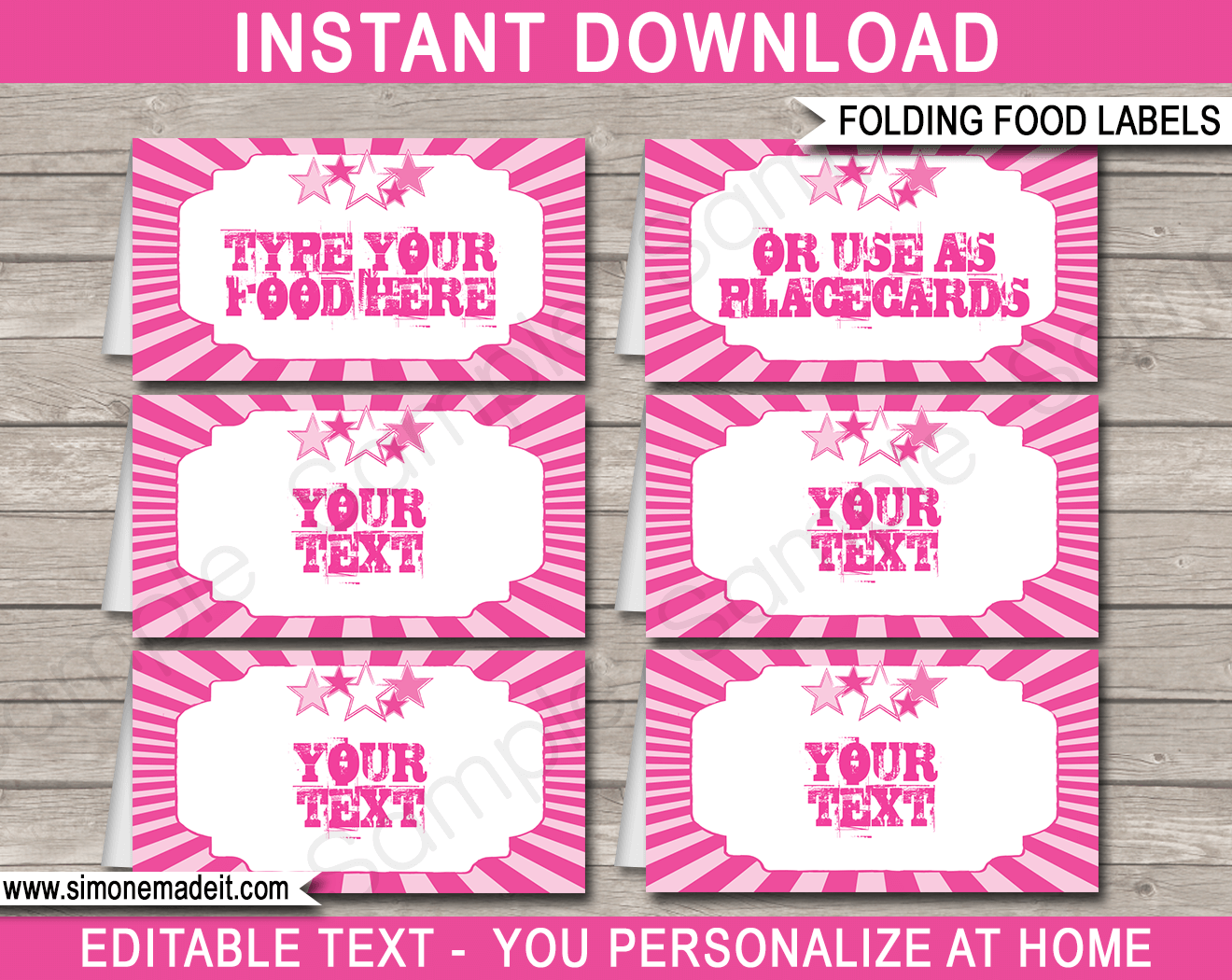 Pink Rockstar Party Food Labels | Food Buffet Tags | Place Cards | Rock Star Theme Birthday Party | Editable DIY Template | Instant Download via SIMONEmadeit.com