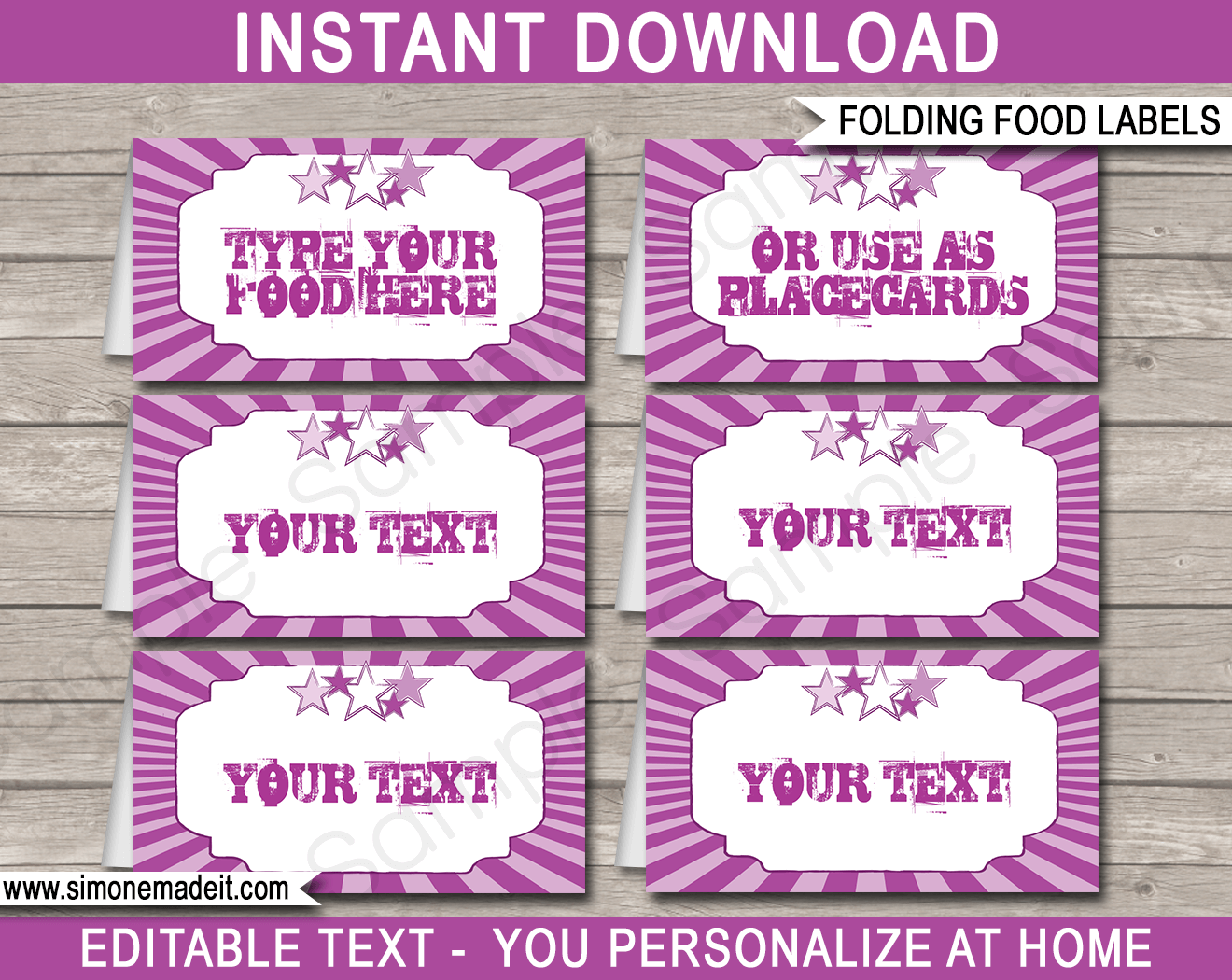 Purple Rock Star Party Food Labels | Food Buffet Tags | Place Cards | Rockstar Theme Birthday Party | Editable DIY Template | Instant Download via SIMONEmadeit.com