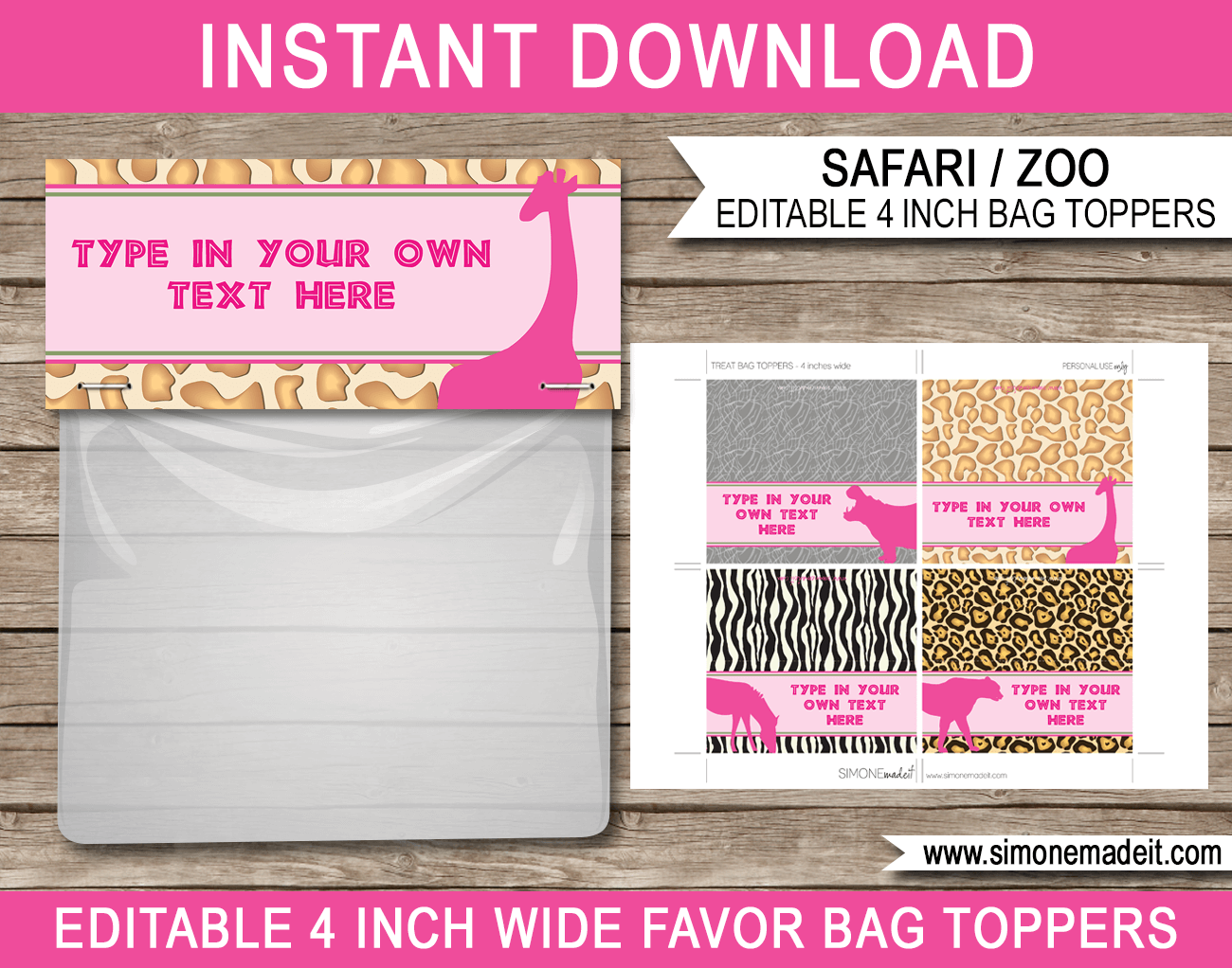 Girls Safari Theme Favor Bag Toppers | Zoo or Jungle or Animal Safari Birthday Party | Printable DIY Template | INSTANT DOWNLOAD via SIMONEmadeit.com