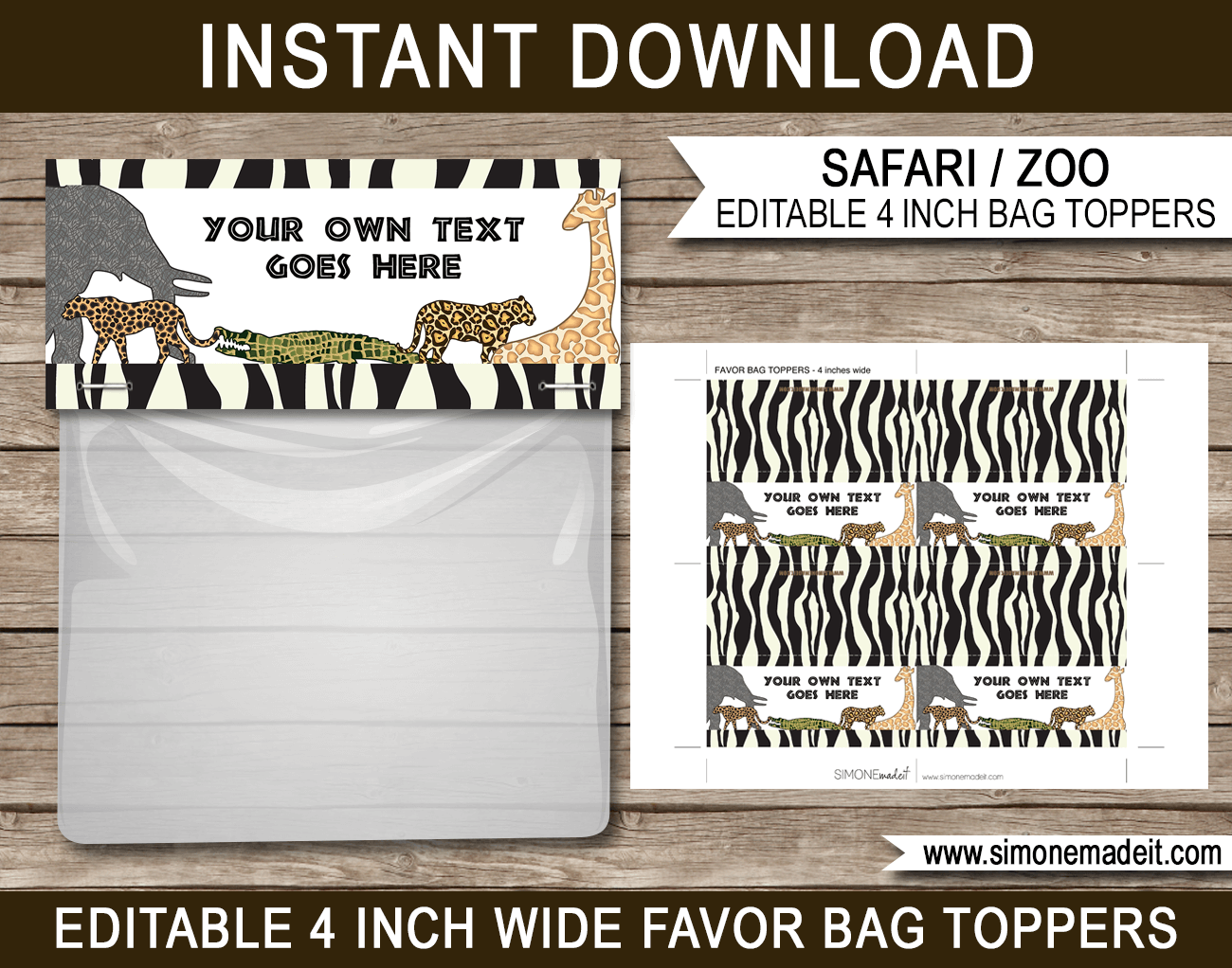 Safari Party Favor Bag Toppers | Zoo or Jungle or Safari Theme Birthday Party | Printable DIY Template | INSTANT DOWNLOAD via SIMONEmadeit.com