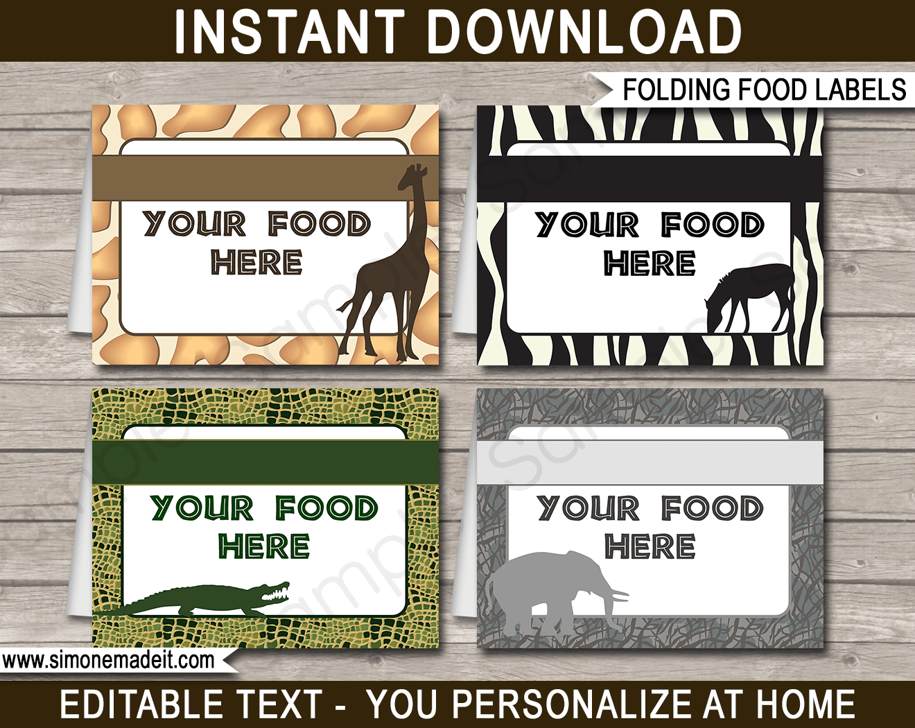 Safari Party Food Labels | Food Buffet Tags | Place Cards | Safari or Zoo or Jungle Birthday Party Theme | Editable DIY Template | Instant Download via SIMONEmadeit.com