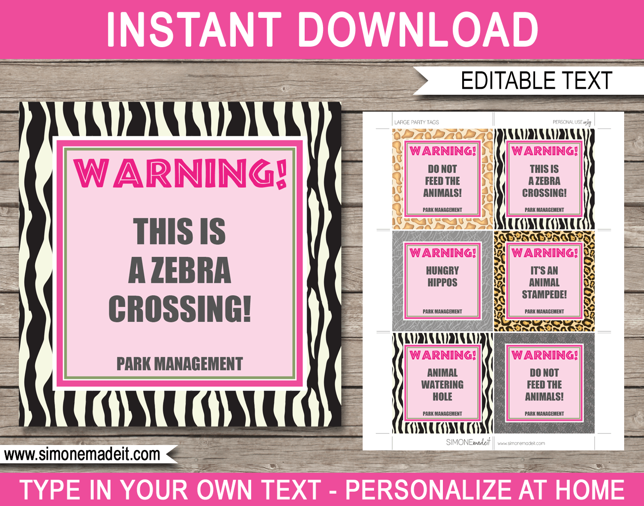 Pink Girls Safari Theme Printable Tags | DIY Editable Template | Jungle or Zoo or Animal Safari Party Decorations | Instant Download via simonemadeit.com