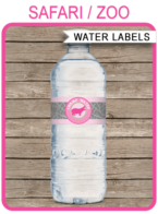 Safari Party Water Bottle Labels template – pink