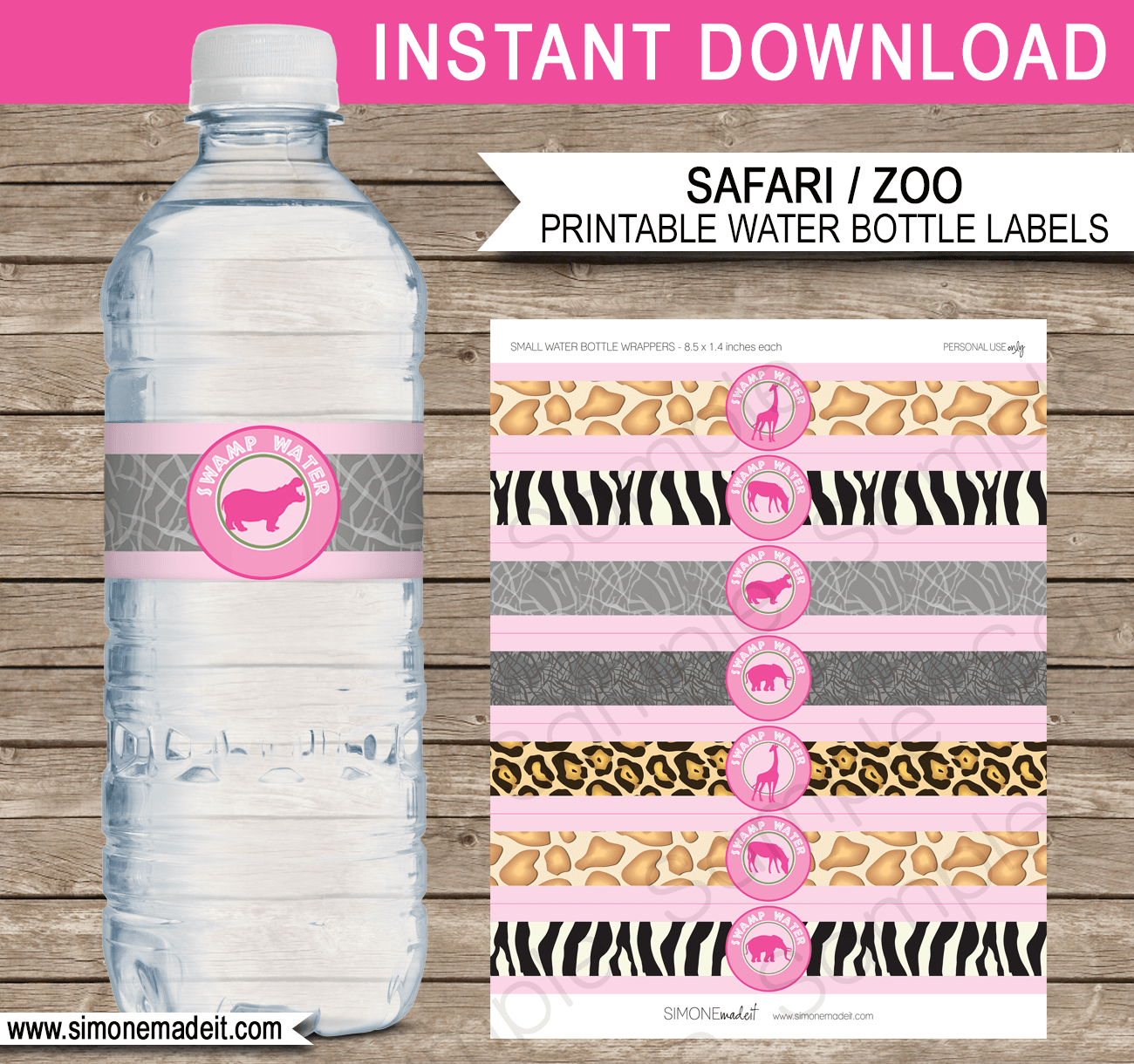 Pink Safari Birthday Party Water Bottle Labels | DIY Printable Template | INSTANT DOWNLOAD via simonemadeit.com