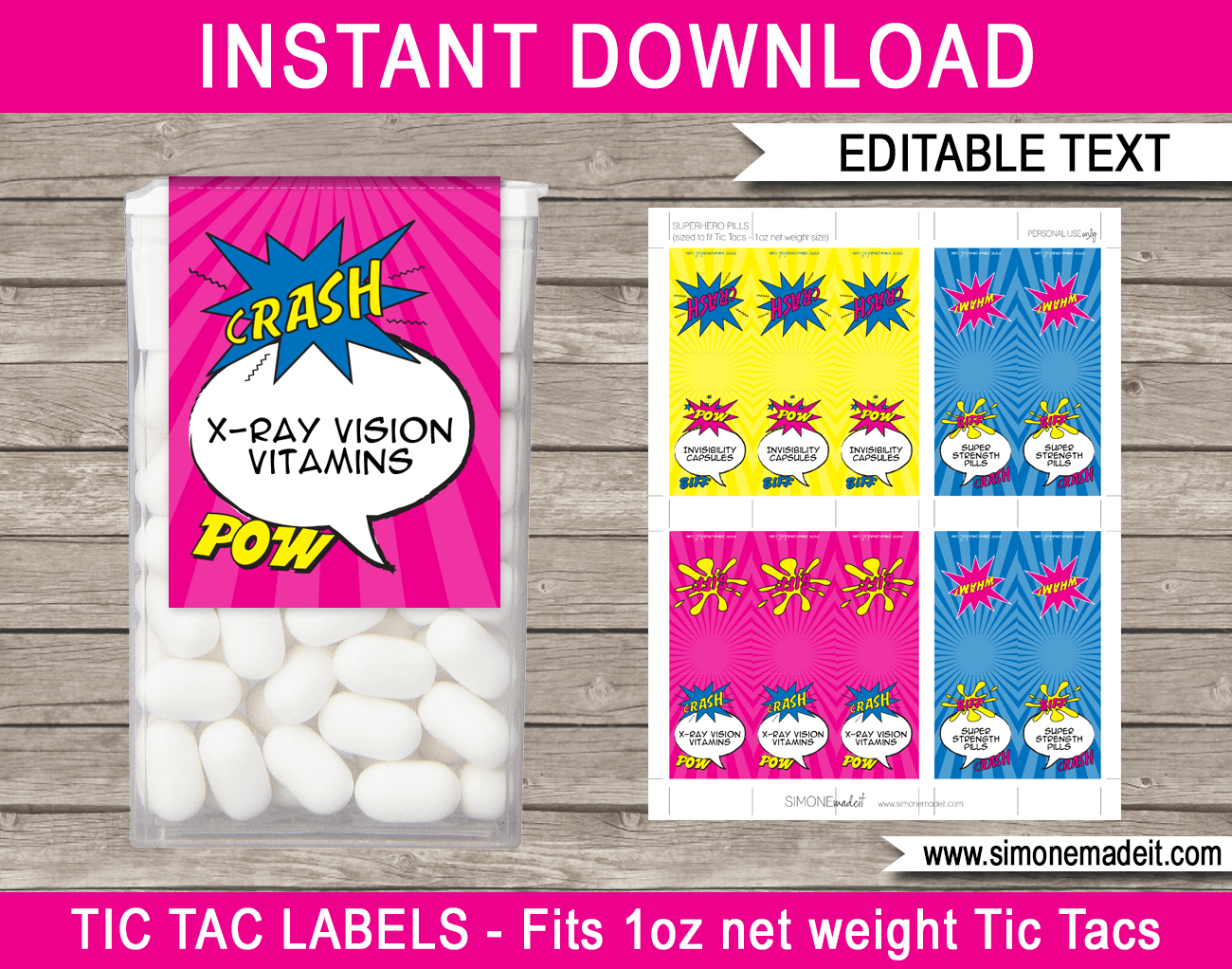 Printable Supergirl Tic Tac Labels Template | Superhero Birthday Party Favors | Superpower Pills | DIY Editable Text | Instant Download via SIMONEmadeit.com