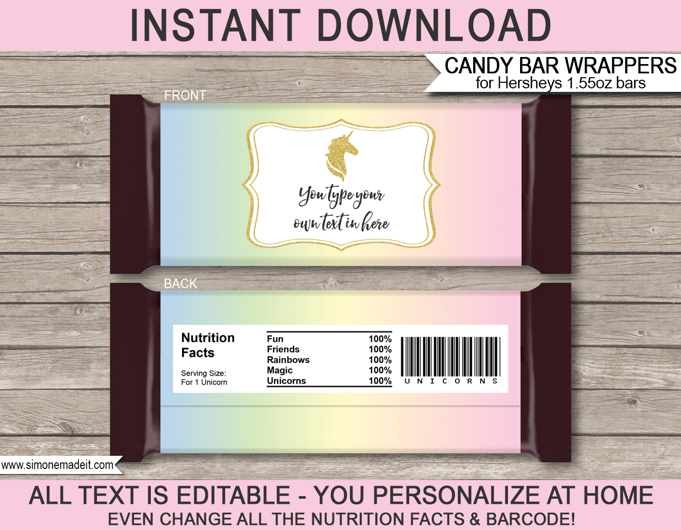 Unicorn Hershey Candy Bar Wrappers | Unicorn Theme Birthday Party Favors | DIY Editable & Printable Template | Instant Download via simonemadeit.com